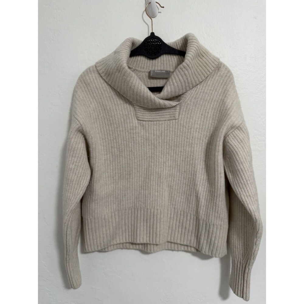 Everlane Womens L Cream Cowl Neck Wool Cropped Chunky Knit Sweater Ribbed Boxy